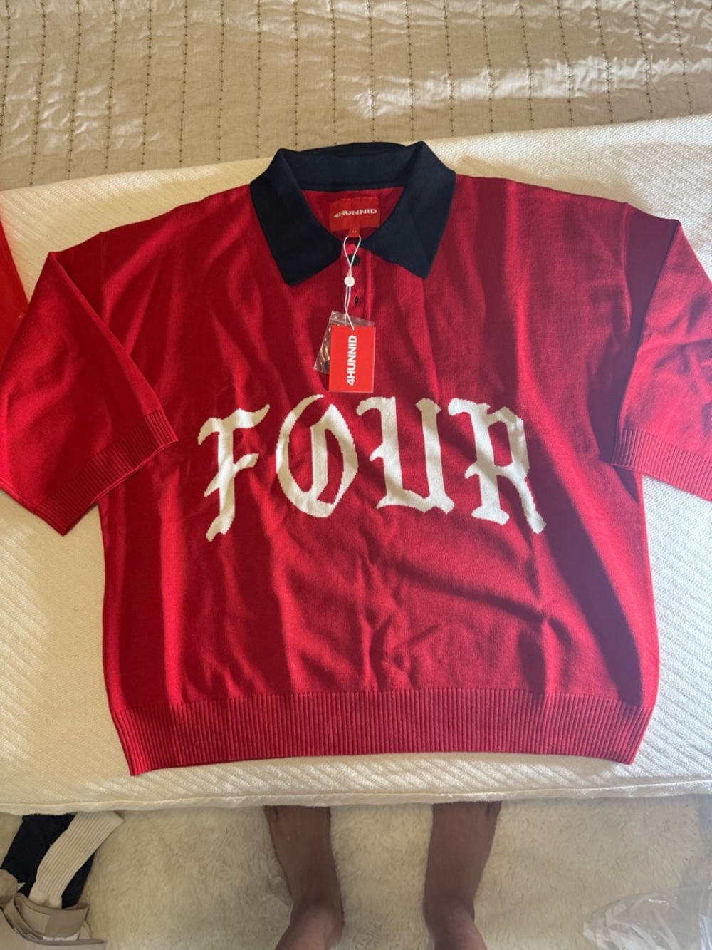 4HUNNID Red 'FOUR' Knit Polo Sweater with Black Collar